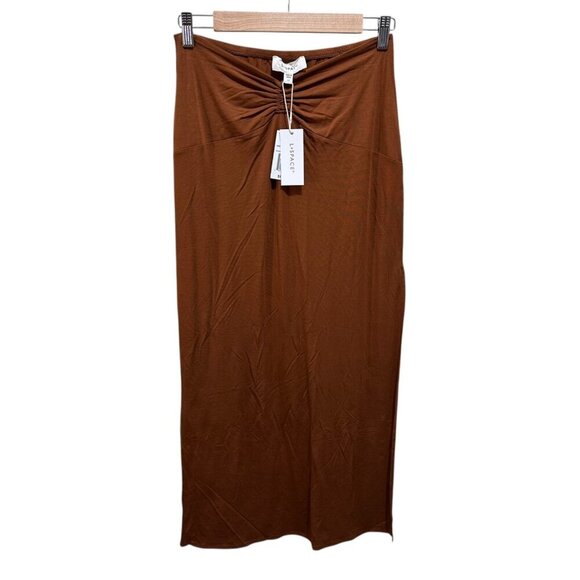L* Space Revolve Size L Skirt “It's A Date” Brown Midi Side Slit Stretchy NWT - Picture 2 of 14